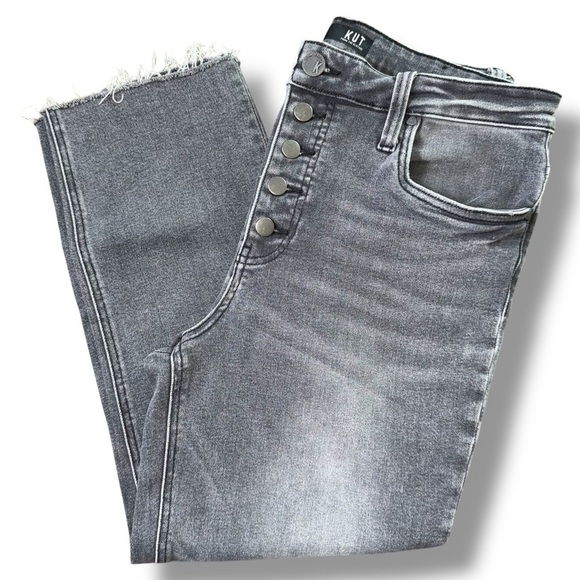 Kut from the Kloth Denim - KUT Rachael Fab Ab Mom Jeans Ankle Crop Straight High Rise Raw Hem Button Fly